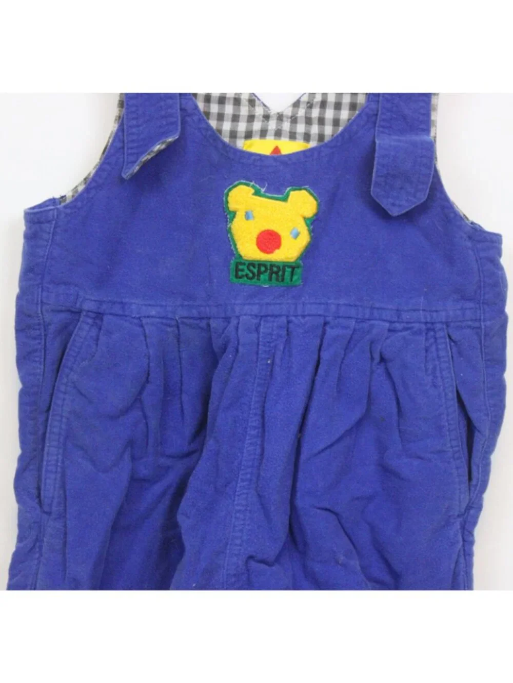 VTG 1990s Esprit Kids Boys Overalls sz 24m Blue Plaid Bear Head Velour Adjustabl